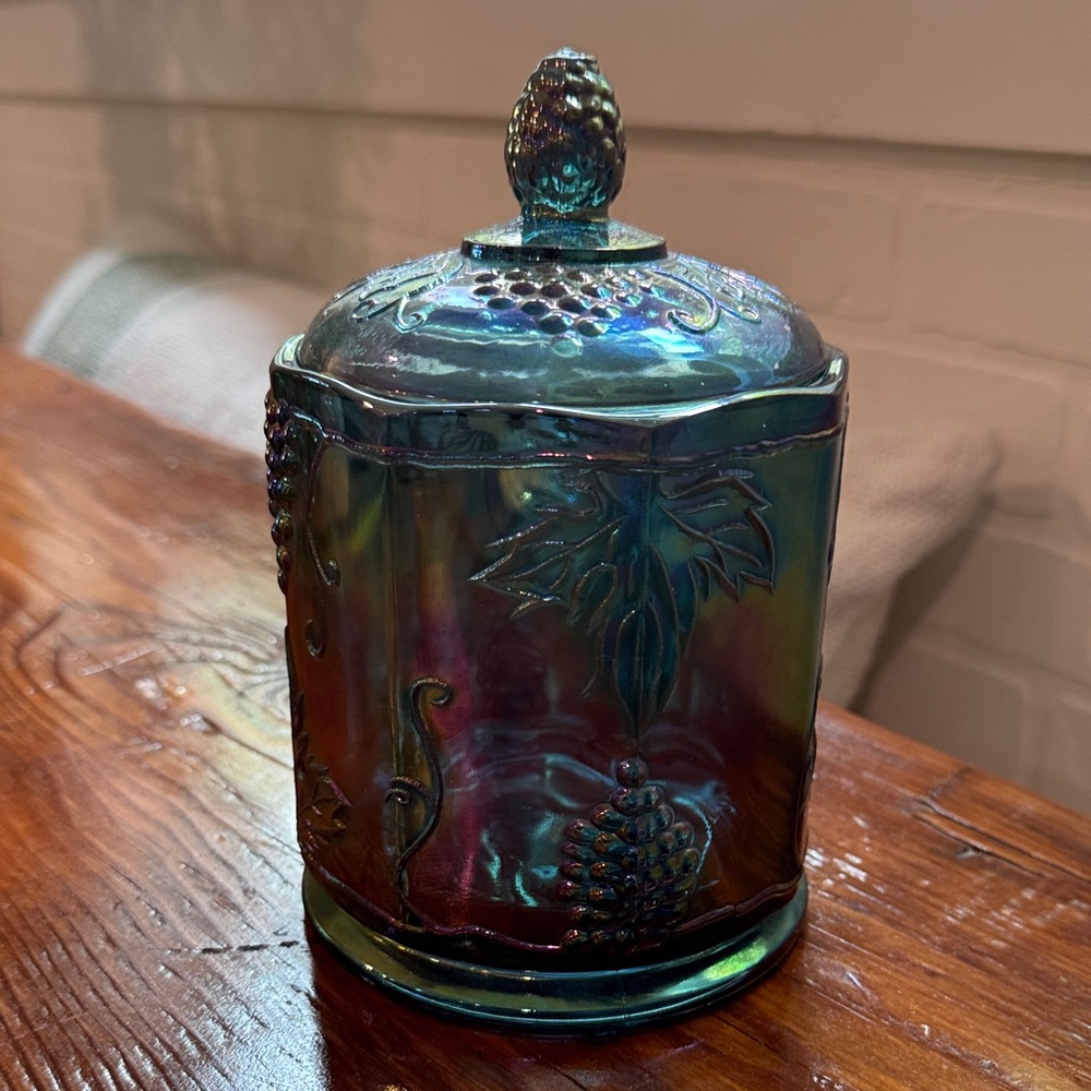 Indiana Glass Harvest Grape Carnival Glass Candy Jar